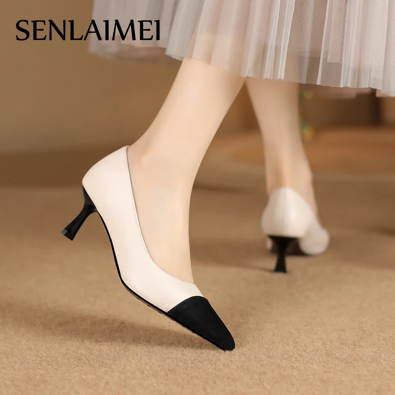 跟高5cm通勤款/牛皮/新款法式高跟鞋尖头复古百搭拼色女鞋-8295