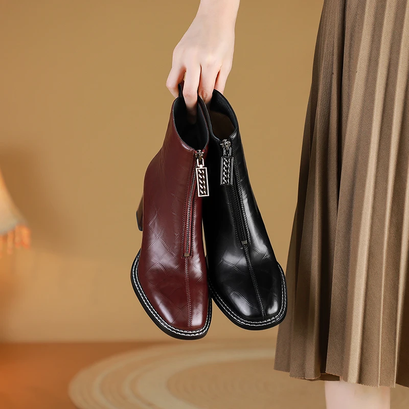 真皮短靴/小牛皮/6CM/8811秋冬2024新款高跟女靴时尚百搭一脚蹬