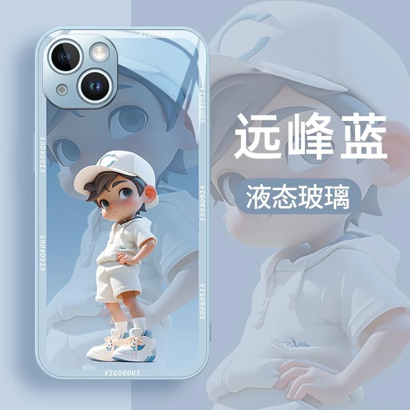 适用苹果13手机壳新款iPhone14promax胖球少年12液态玻璃11全包xs