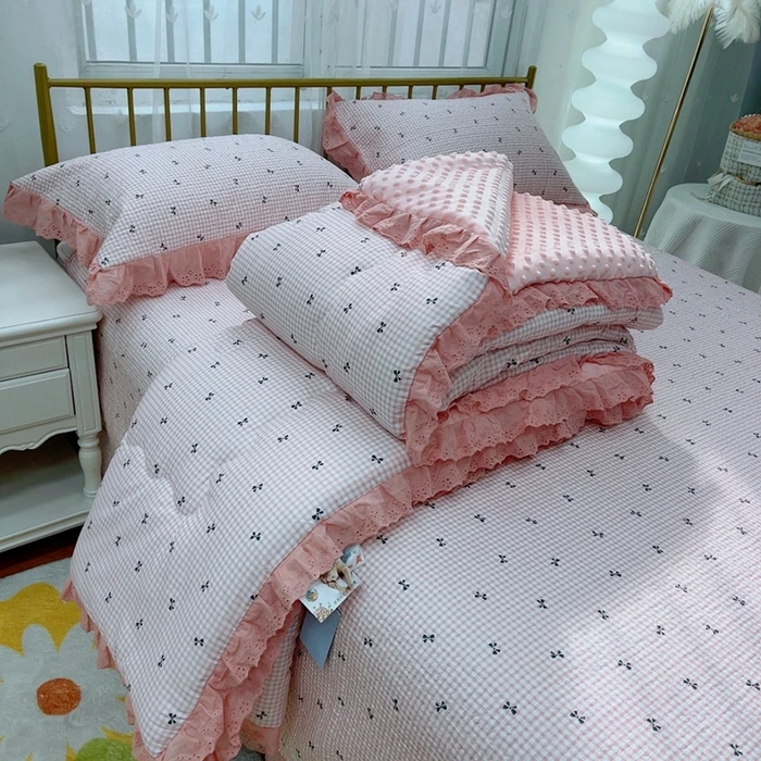 2024新款法式纯棉豆豆被床盖四件套可机洗春秋被加厚冬被床品套件