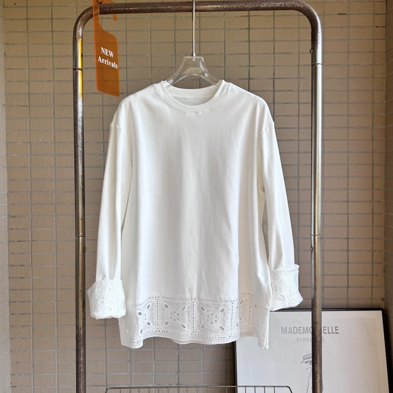 2025秋季新款时尚宽松蕾丝花边中长款内搭圆领长袖T恤打底衫女