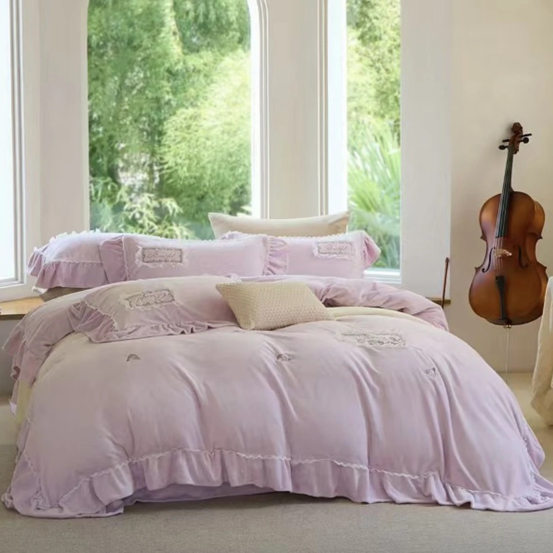法式轻奢绣花公主风四件套有机氧绒荷叶边加厚保暖被套少女心韩版