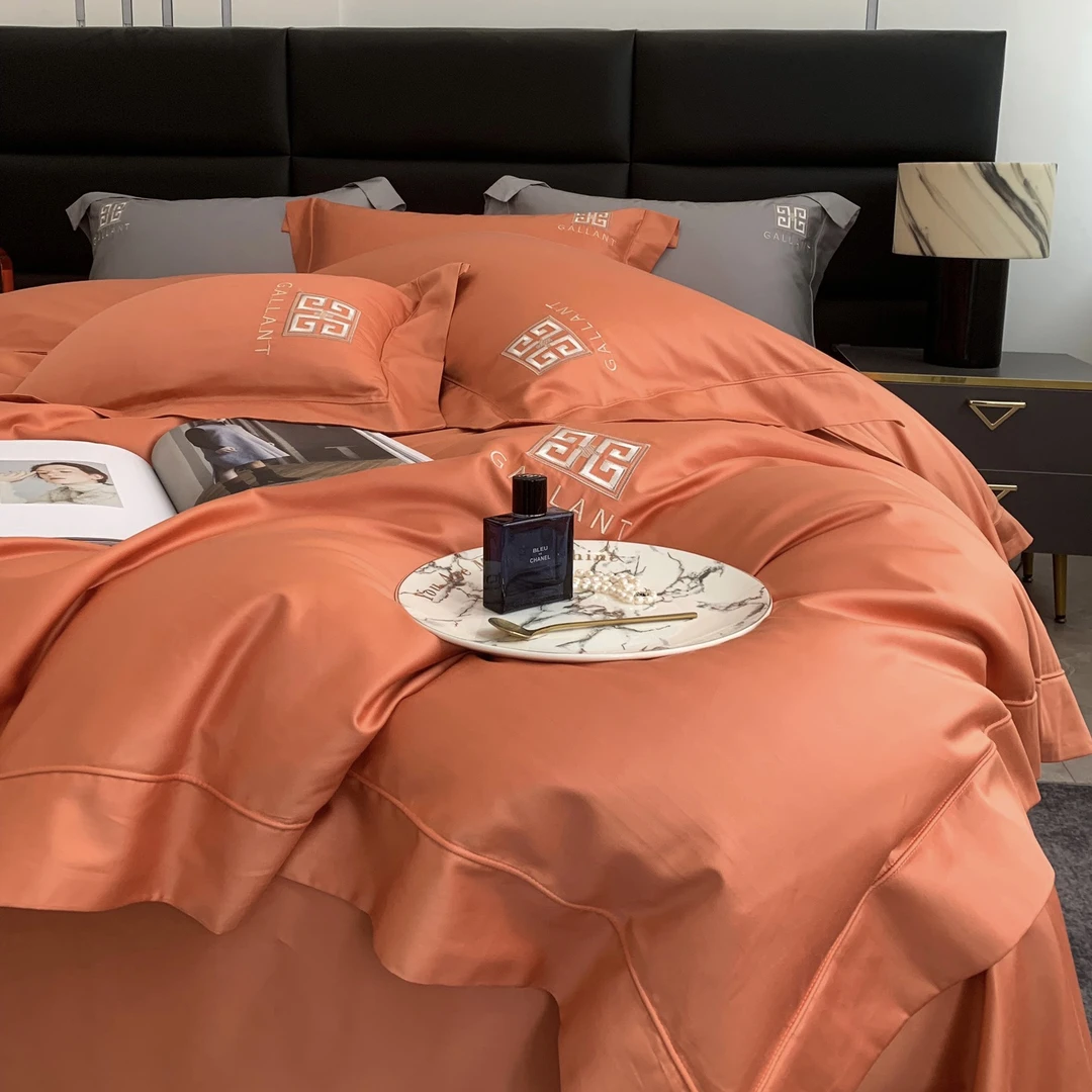 吴太太160s埃及双股长绒棉纯色刺绣四季款四件套细腻光滑床上用