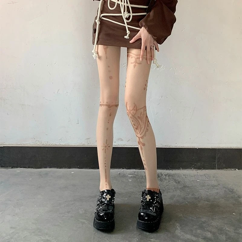 纹身图案丝袜显瘦女薄款光腿神器千禧辣妹肉色连裤袜子秋冬裤袜jk