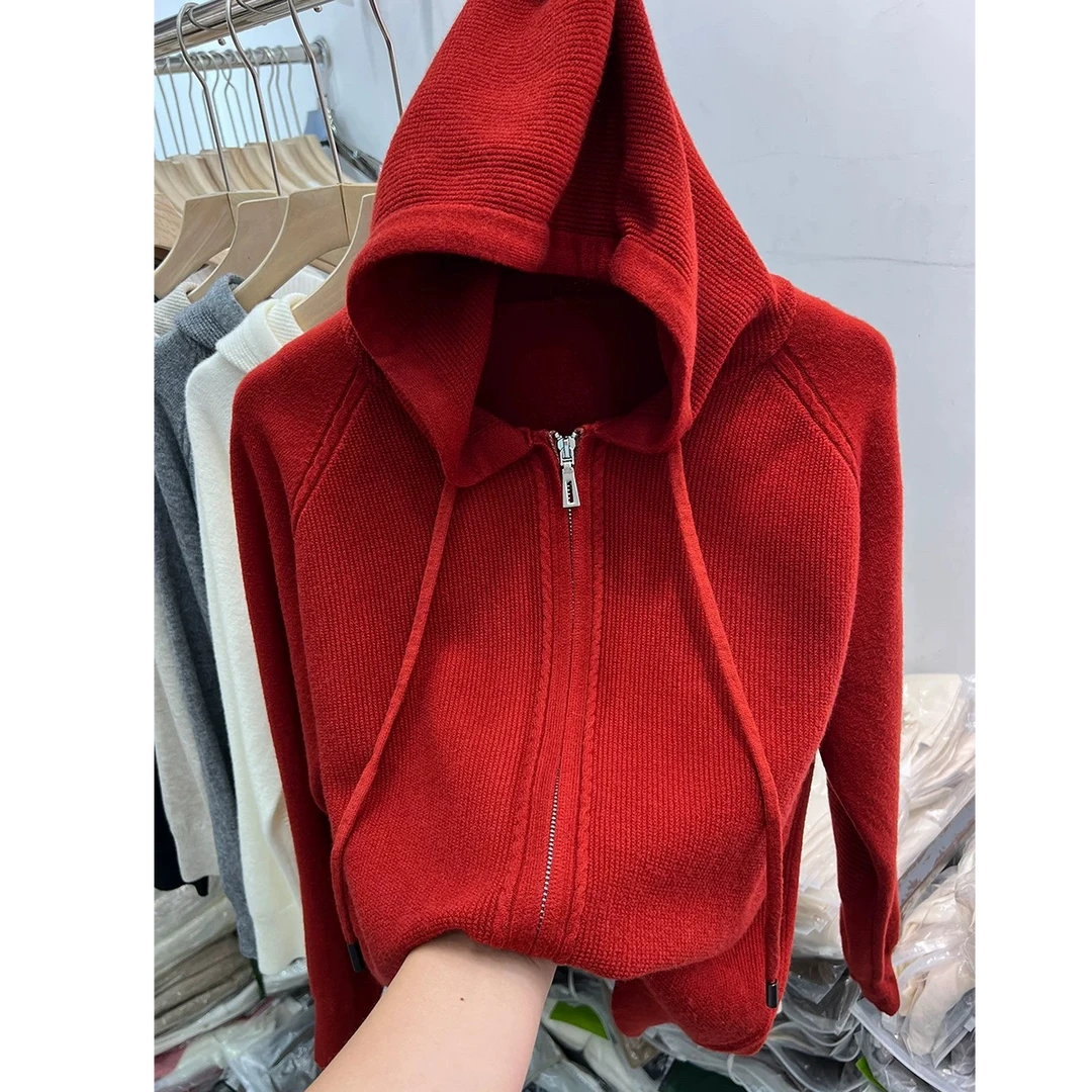 2025春秋新款时尚大码宽松针织衫上衣百搭开衫连帽毛衣外套3424