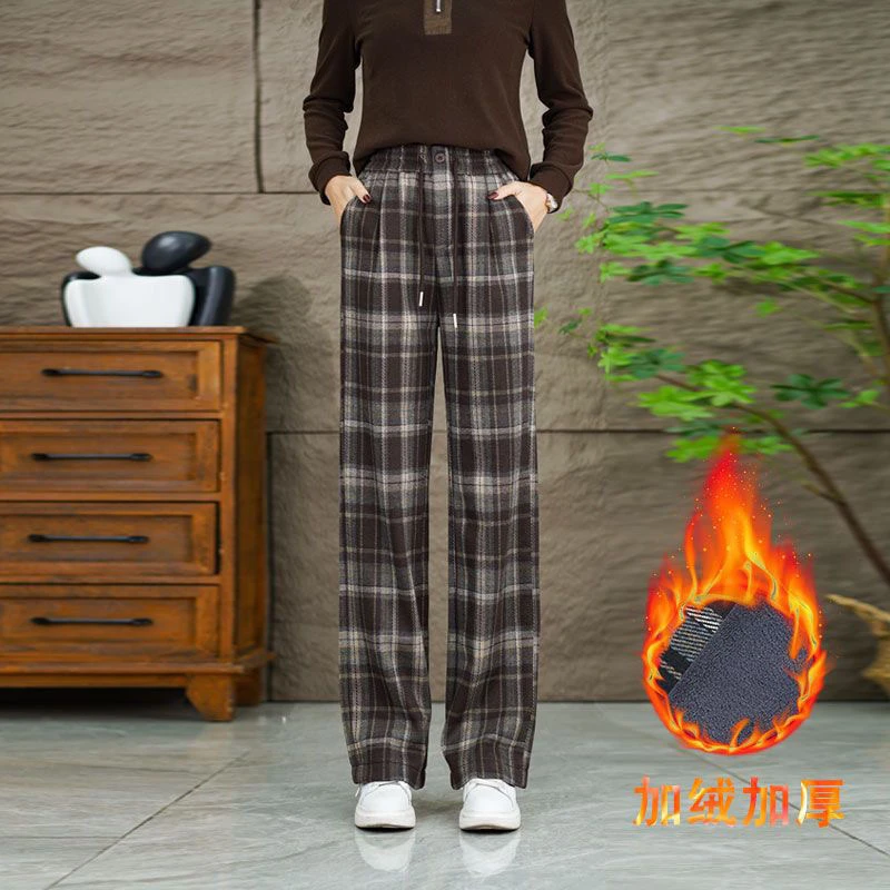 2025秋冬新款加绒宽松休闲女裤减龄显瘦窄版高腰阔腿毛呢裤直筒裤