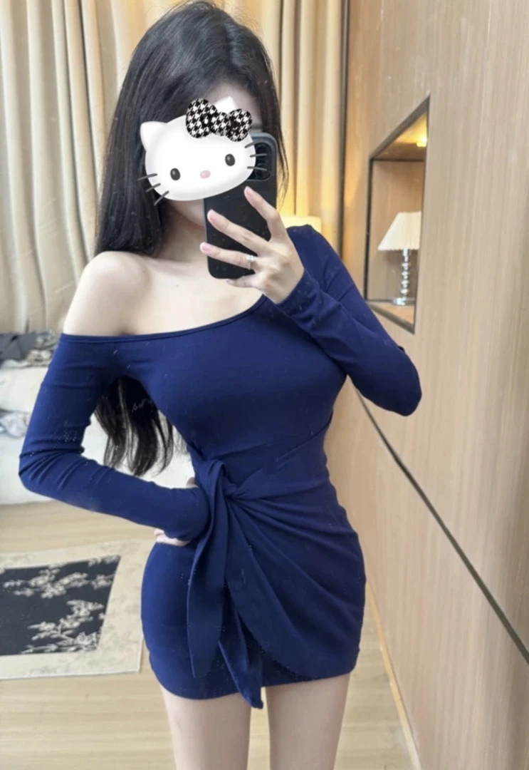 【Rosy小姐的日常】百搭斜肩长袖超遮肚子设计修身包臀连衣裙