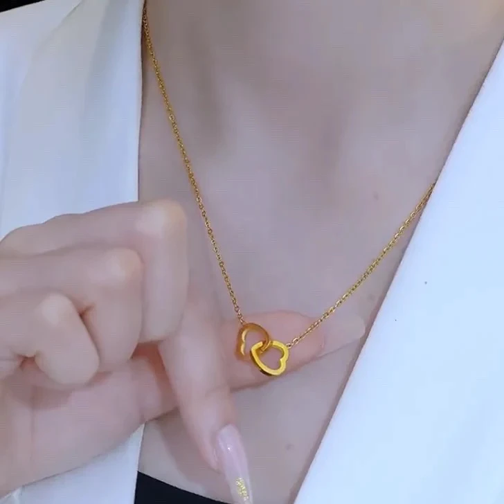 钛钢项链 410镀K金心心相印环环相扣时尚气质百搭轻奢项链简约M扣