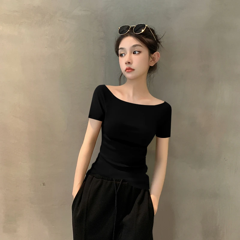 一字领露肩短袖T恤女2025新款夏季修身黑色高级感上衣品质女装ins