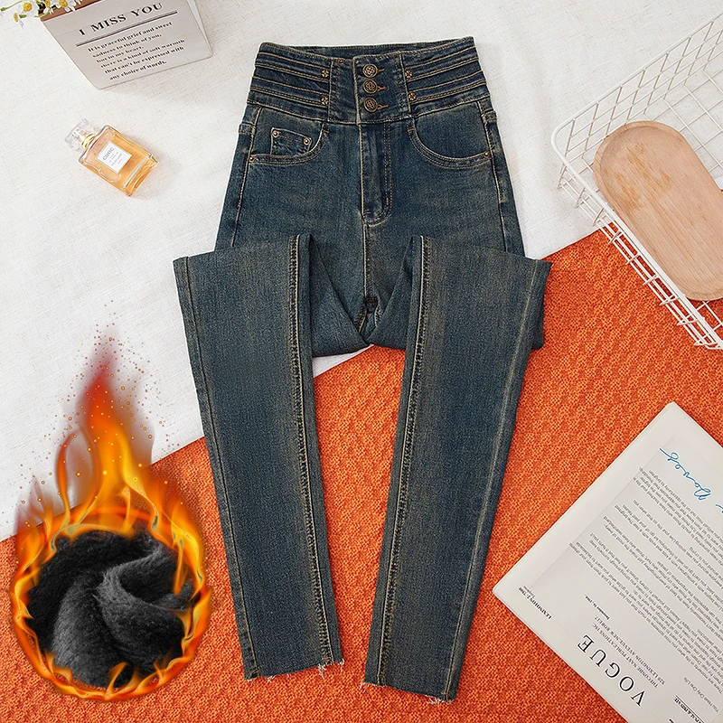 加绒复古高腰紧身牛仔裤女秋冬新款修身显瘦百搭紧身牛仔裤小脚裤