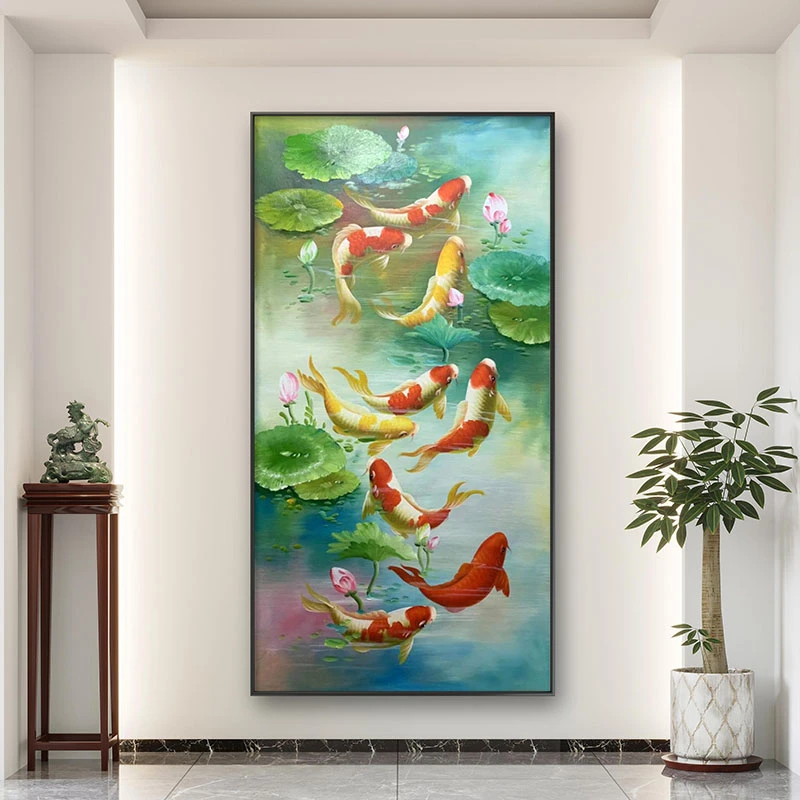 《九鱼图》高端原创纯手工年年有余走廊玄关装饰画荷花九鱼图挂画