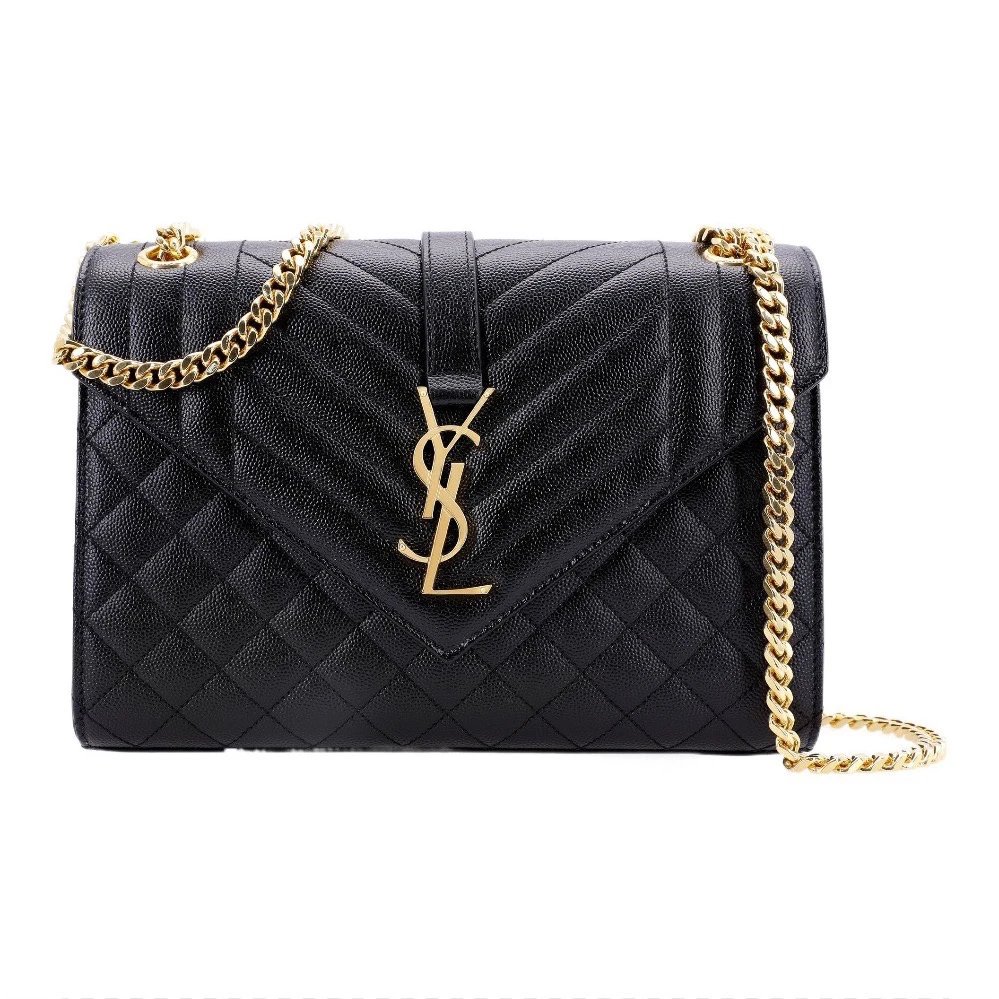 全新未使用 YSL/圣罗兰 新款中号黑金信封包，荔枝纹牛皮24×17×4