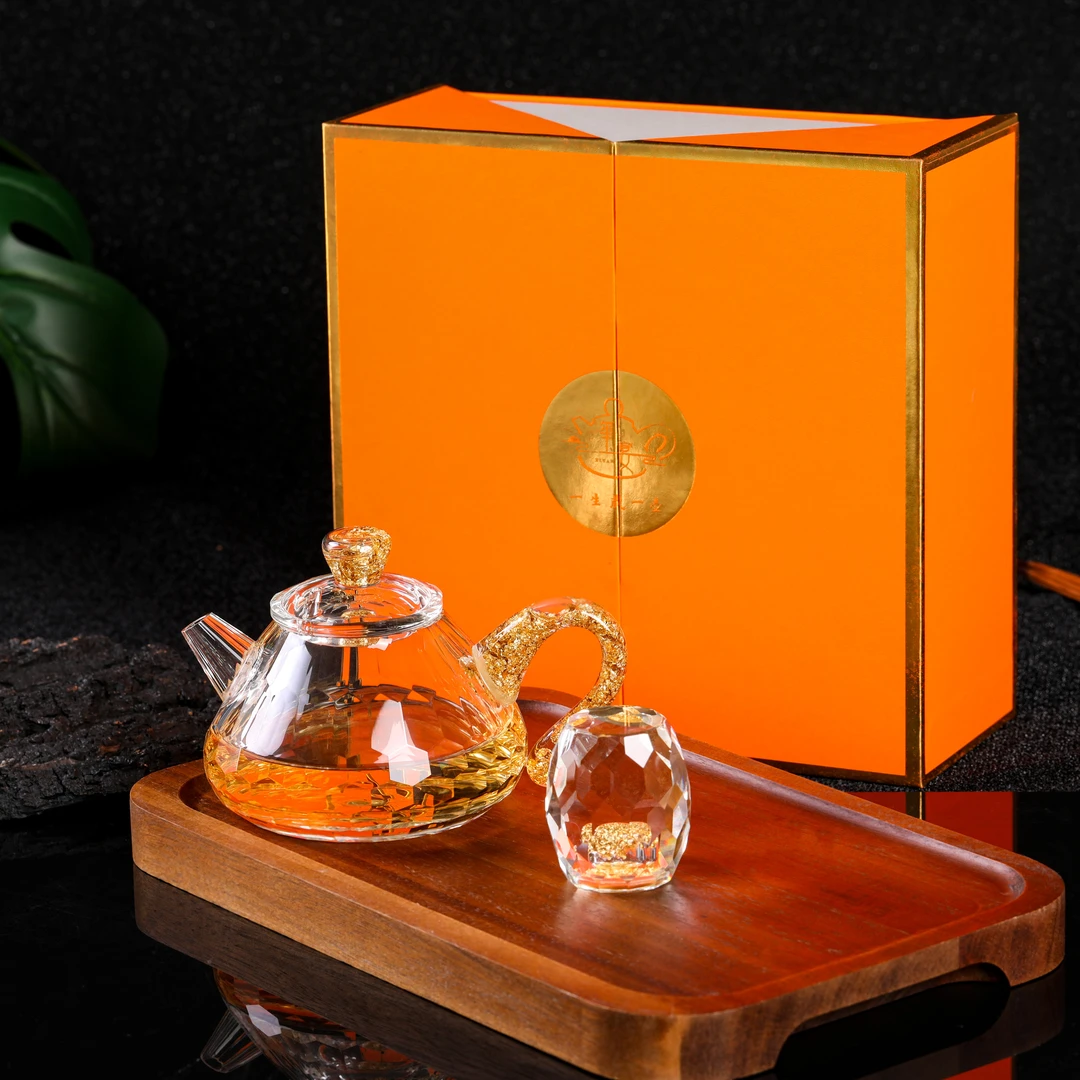 玺宴新款金箔水晶切面高档轻奢手工水晶磨面小石瓢壶茶具礼盒装