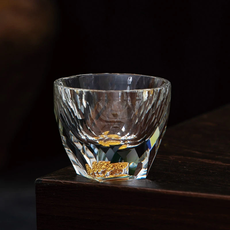 透明创意玺宴新款金箔松石水晶切面高档圆口方底家用手工茶碗茶具