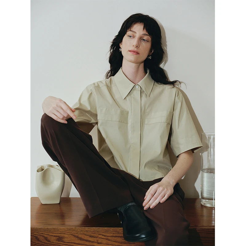 MeeLeeMeeLab 原创绅士优雅方领箱型工装风挺括短袖短款衬衫