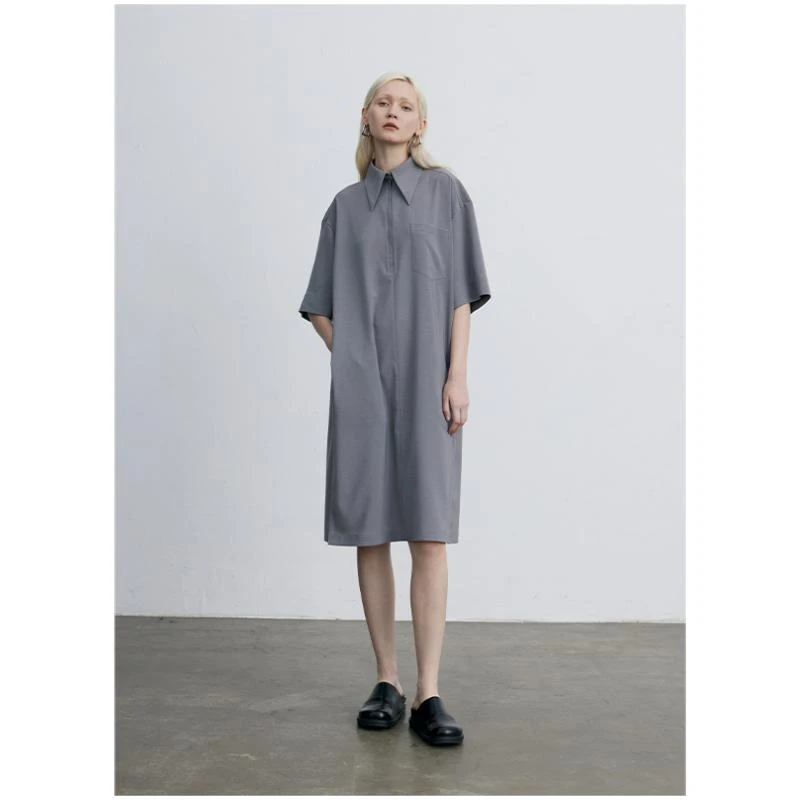 MeeLeeMeeLab原创浪漫绅士拉链POLO领短袖衬衫开衩直身宽松连衣裙