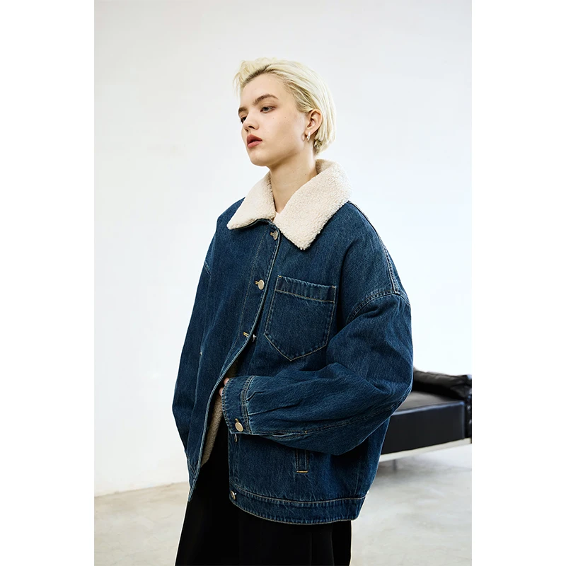 MeeLeeMeeLab原创复古工装风可脱卸环保羊羔绒领宽松牛仔外套秋冬