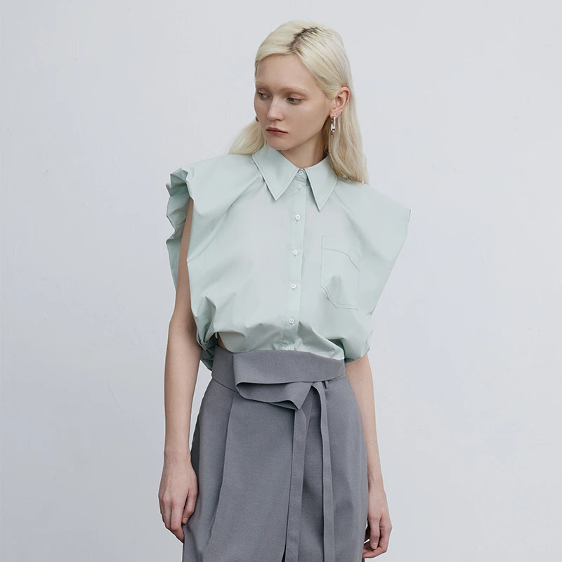 MeeLeeMeeLab 原创浪漫绅士优雅花苞无袖下摆抽褶箱型短衬衫 夏