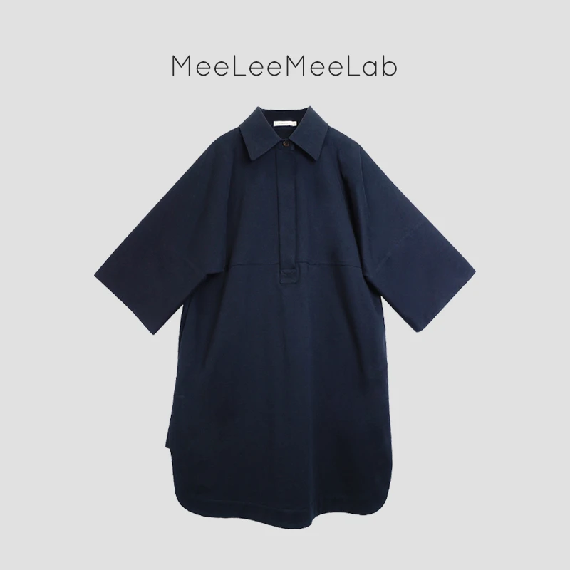 MeeLeeMeeLab重磅全棉Polo领大T型圆弧下摆宽松卫衣连衣裙中长款