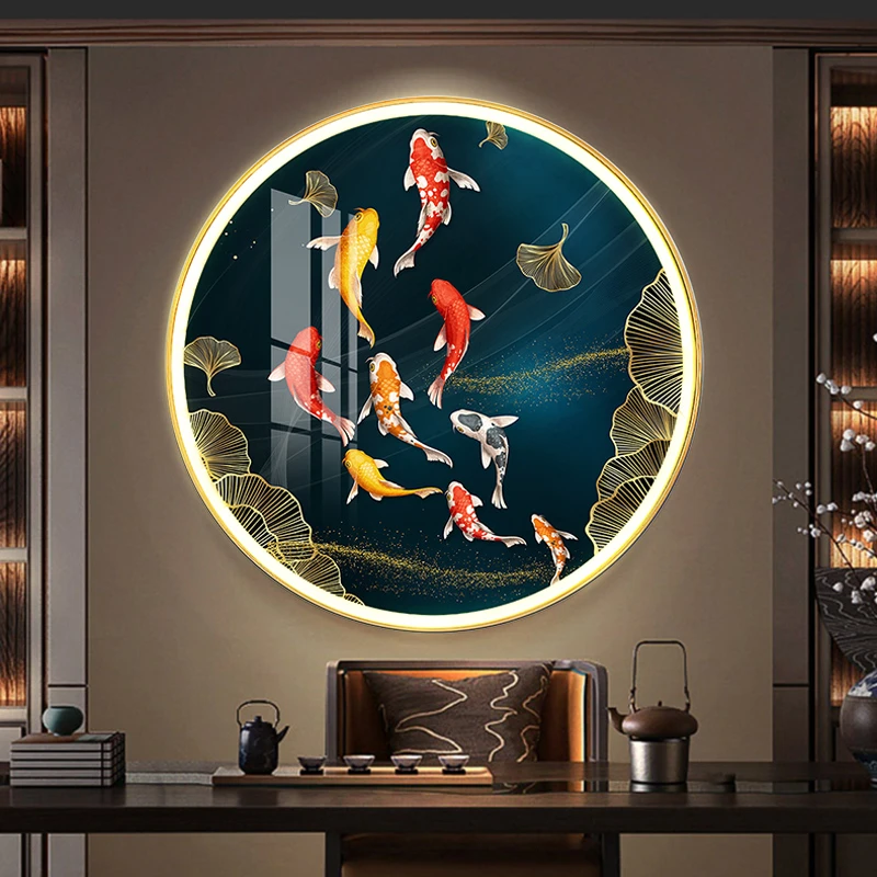 荷花九鱼图新中式入户玄关装饰画圆形过道茶室LED灯画床头壁灯