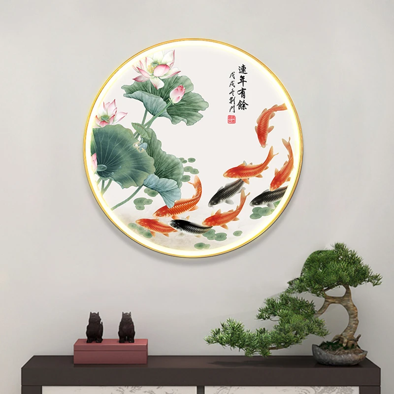 新中式居家装饰壁画灯带灯晶瓷画九尾鱼荷花卧室客厅壁画玄关挂画
