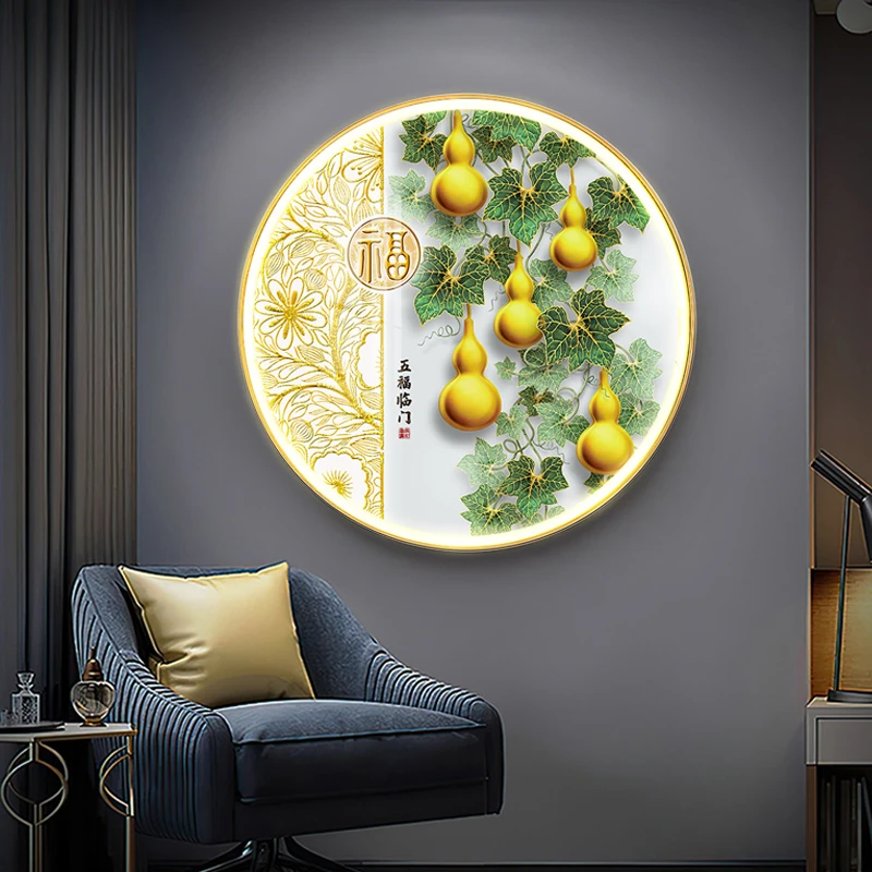 新中式圆形装饰入户客厅茶室五福临门玄关画寓意好壁画带灯葫芦画