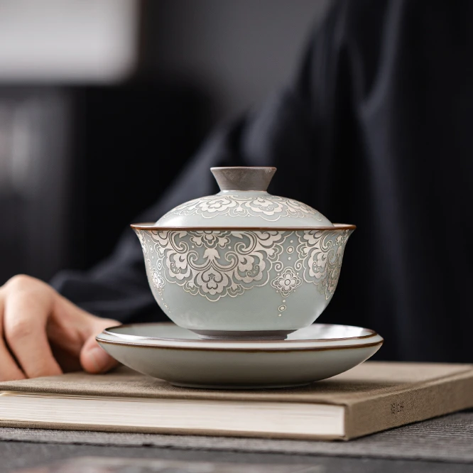 汝窑手工铁胎如意悬停防烫三才盖碗家用高档泡茶器具中式茶道配件