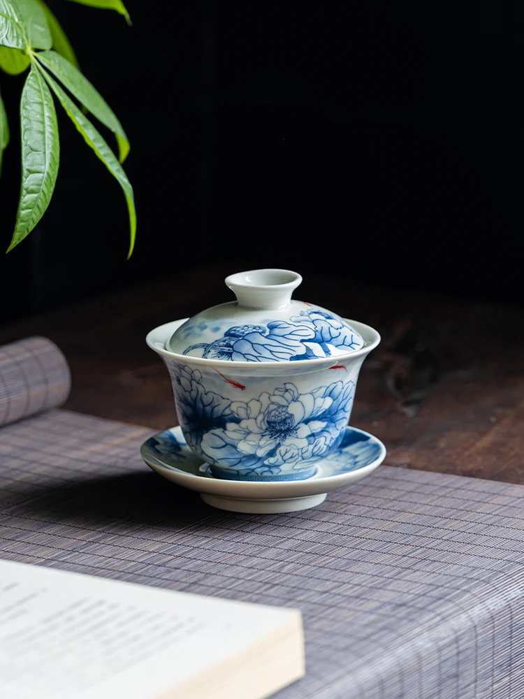 青花鱼戏荷韵复古功夫茶具大三才盖碗中式陶瓷泡茶碗敬茶碗手工