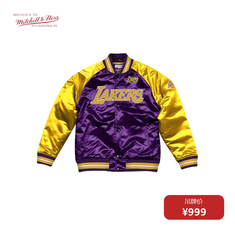 Mitchell&Ness MN-NBA湖人撞色复古缎面夹棉棒球服运动夹克外套潮