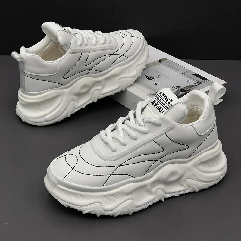 潮牌男士鞋子男款冬季皮面百搭休闲男鞋老爹鞋潮鞋厚底潮流板鞋