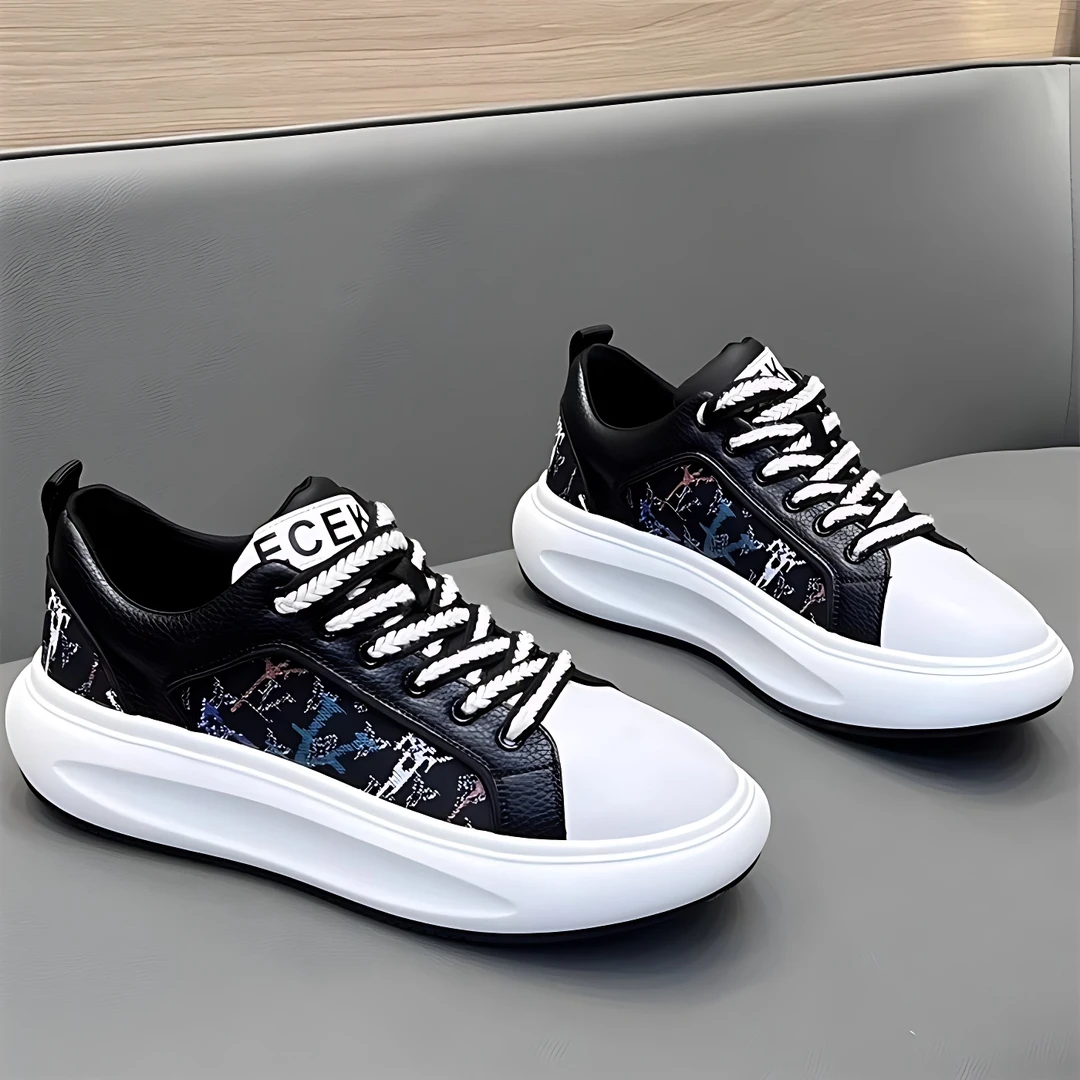 秋季潮牌皮面印花男鞋轻奢时尚厚底运动休闲鞋子男款潮流板鞋潮鞋