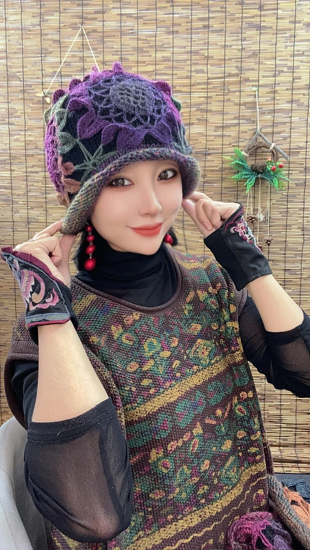 娜娜推荐（手工钩织马海毛向日葵前后两带护耳帽）秋冬护耳帽网红