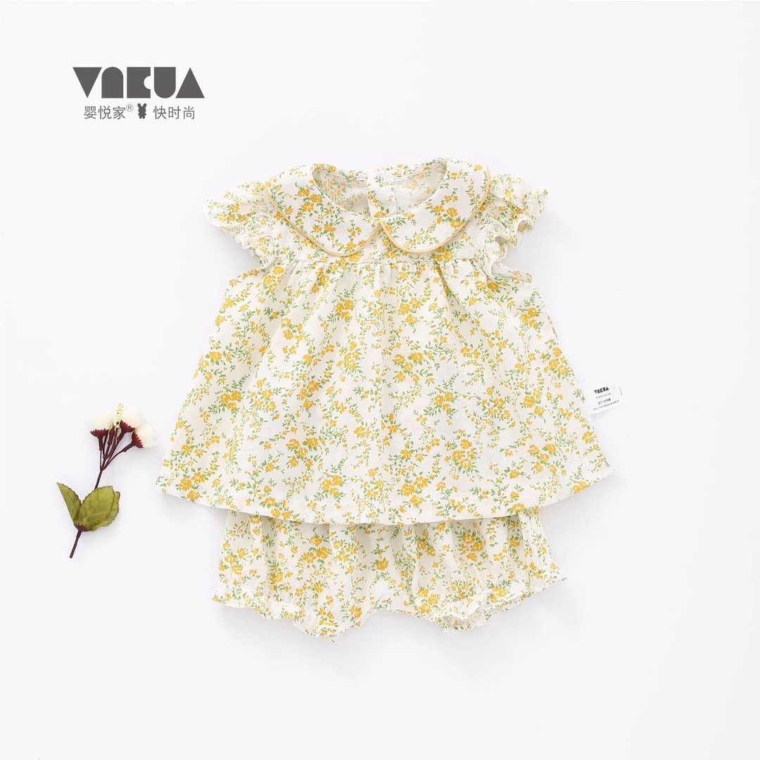 婴悦家女宝宝夏季洋气甜心文艺碎花女童短袖婴幼儿时尚套装86050
