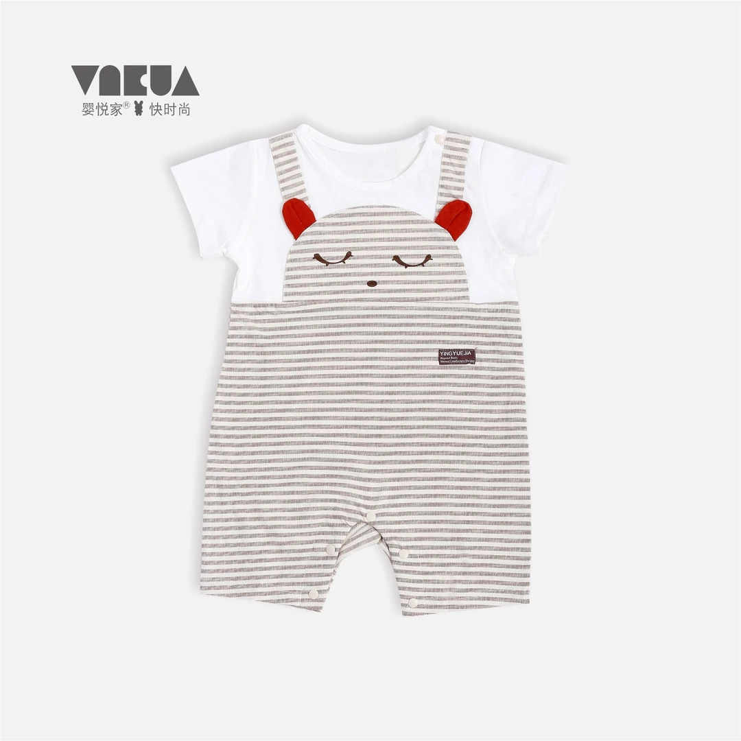 婴悦家夏季男女宝宝薄款单面婴童短袖套头连体爬服0-3岁哈衣69064