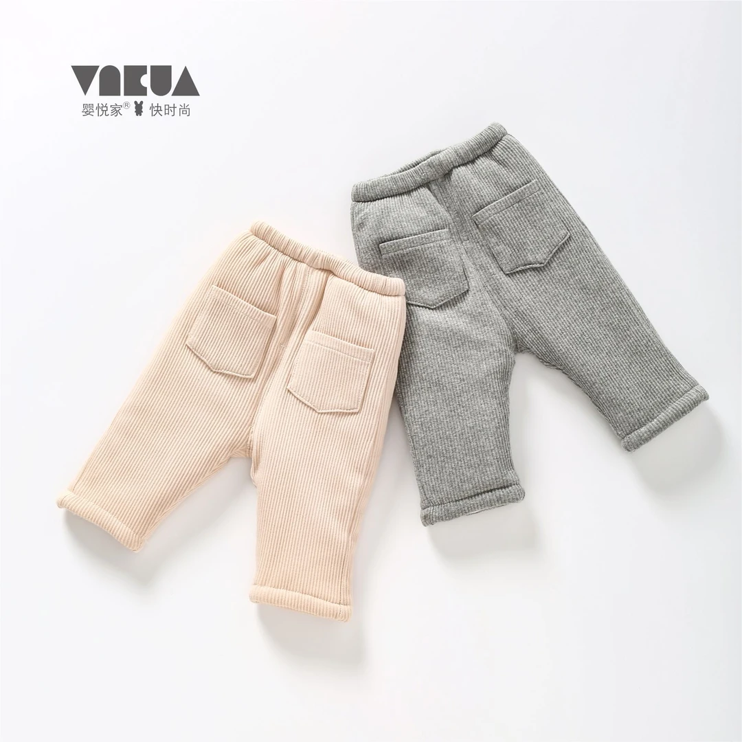 婴悦家男女宝秋冬百搭夹棉84117坑条单裤1200克儿童长裤外穿保暖
