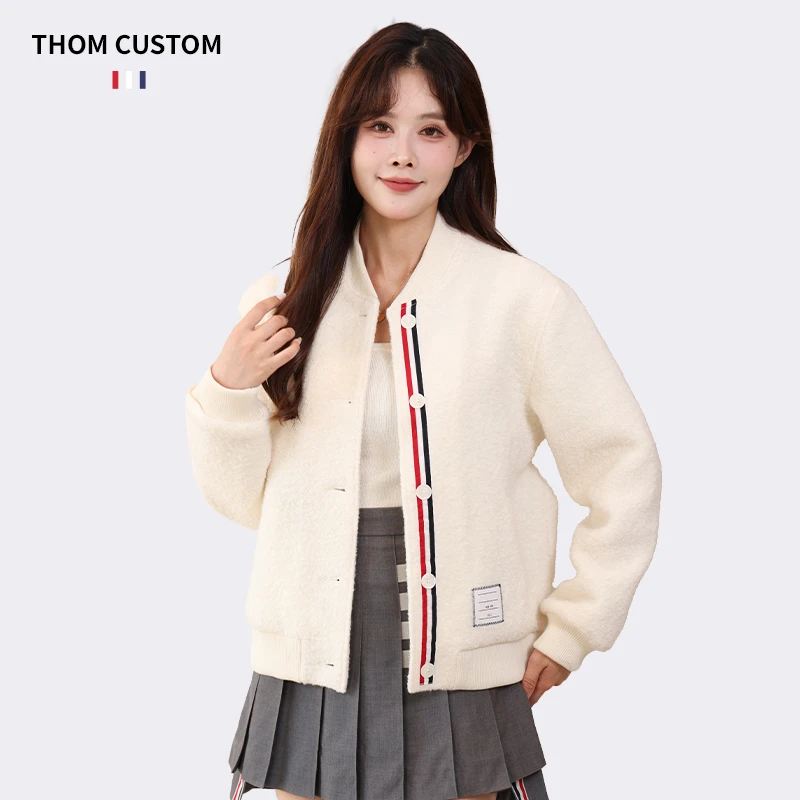 高品质羊毛摇粒绒毛呢棒球服后背时尚红白蓝织带设计运动外套