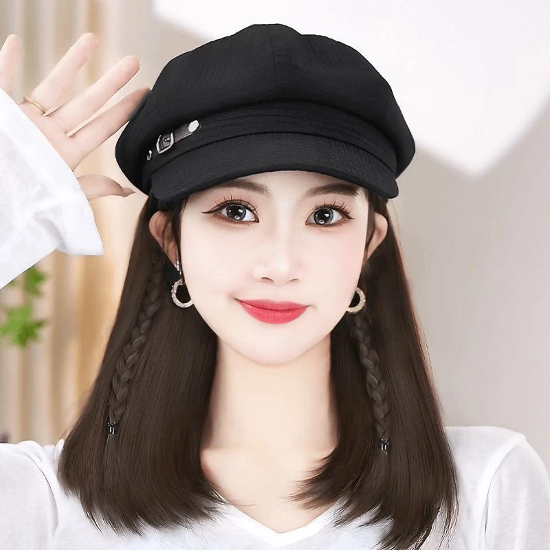 2024新款减龄锁骨发百搭皮扣八角帽帽子假发一体短内扣带帽假发