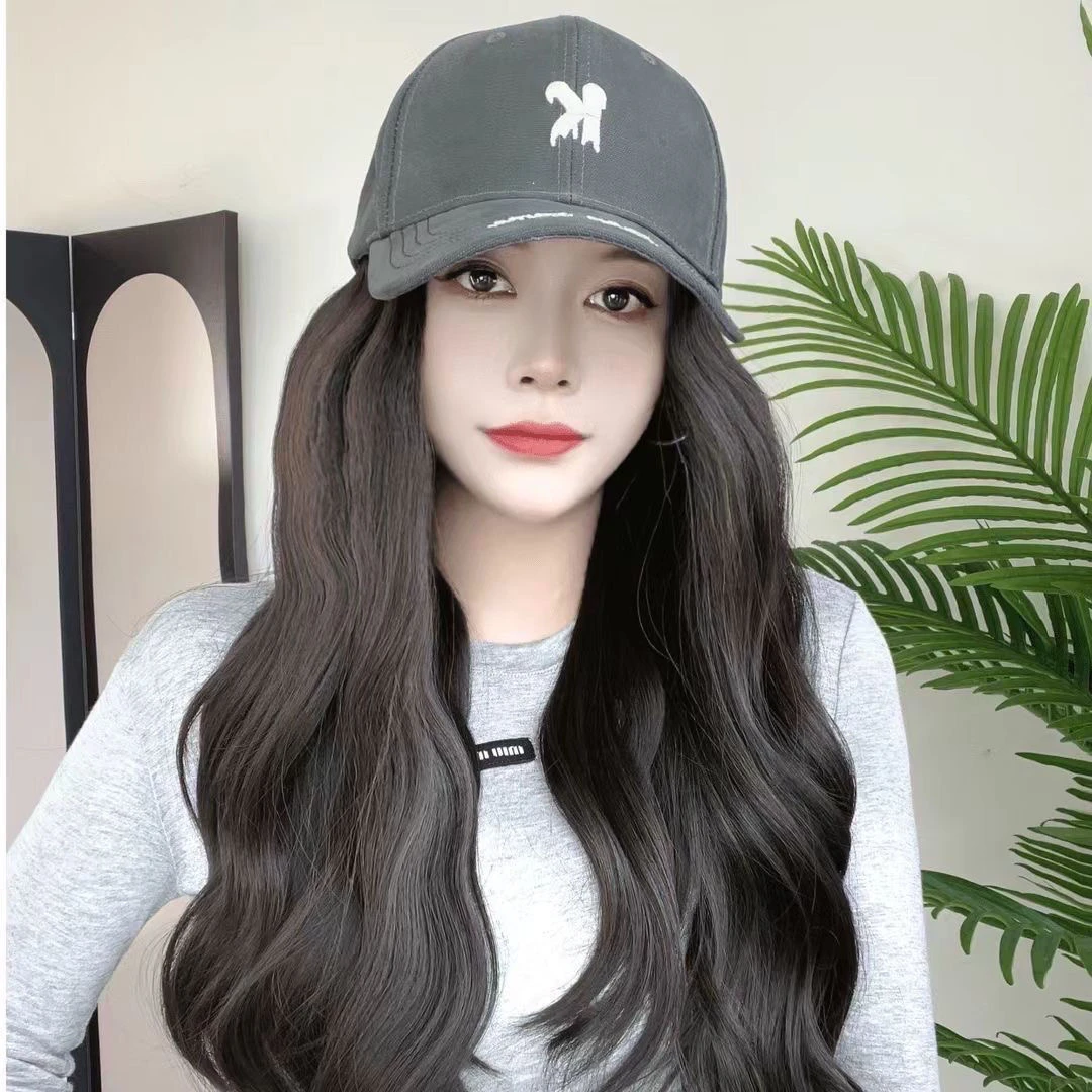新款K标棒球帽假发一体女时尚长卷发氛围感减龄百搭显脸小假发套
