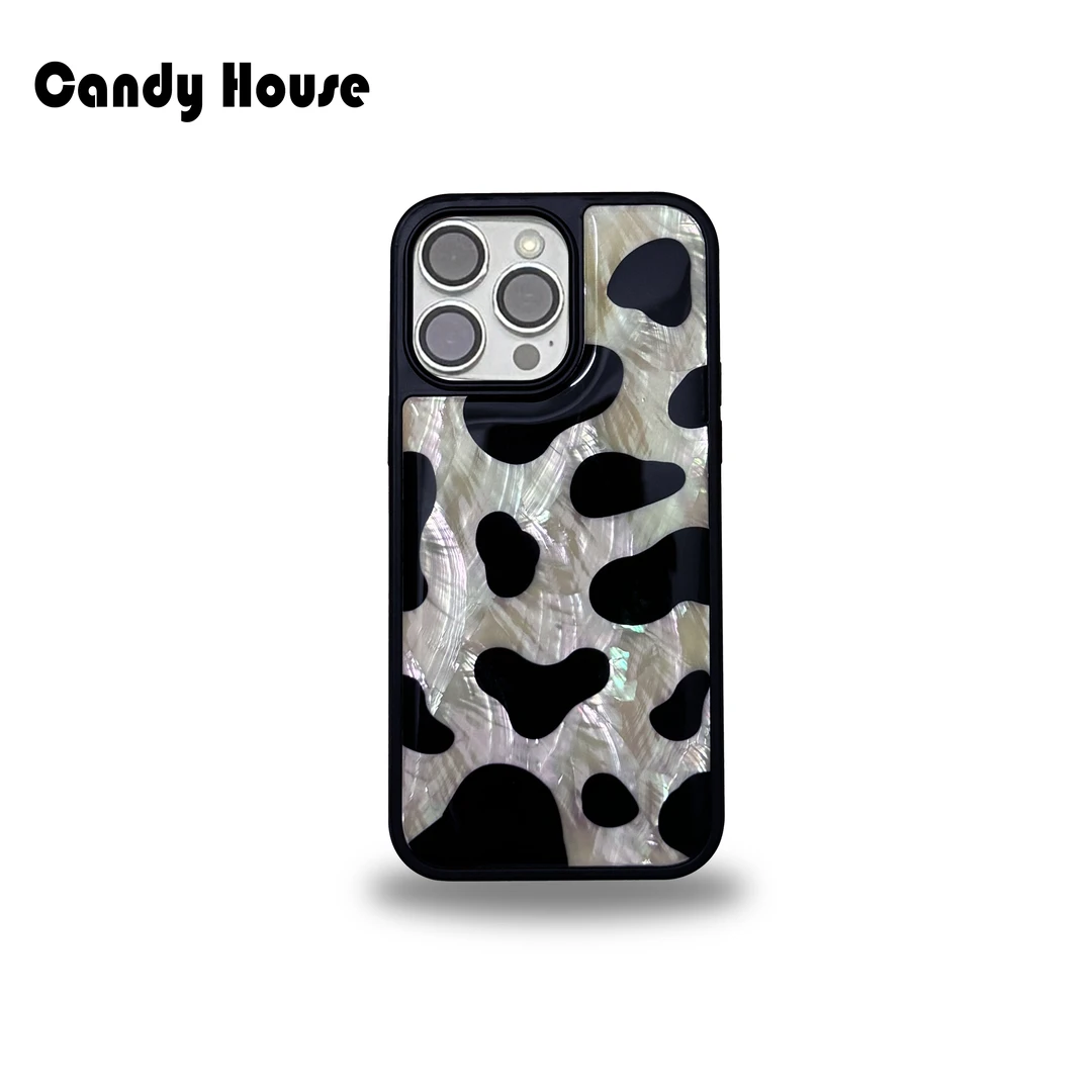 天然贝母iPhone13-15系列滴胶复古奶牛纹简约ins干净手机壳黑白