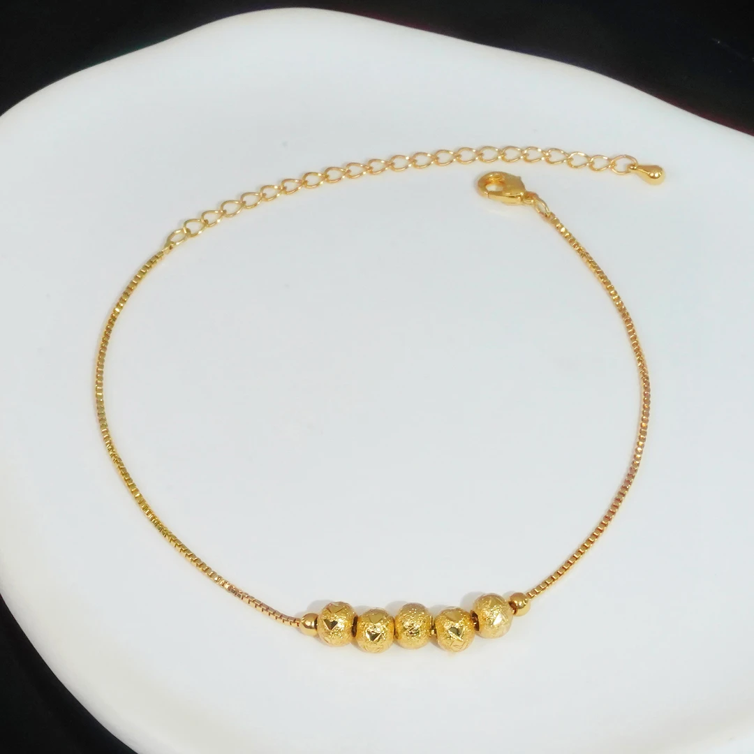 铜合金脚链 五福连珠  精致珠珠脚链金色百搭轻奢气质高级感国风