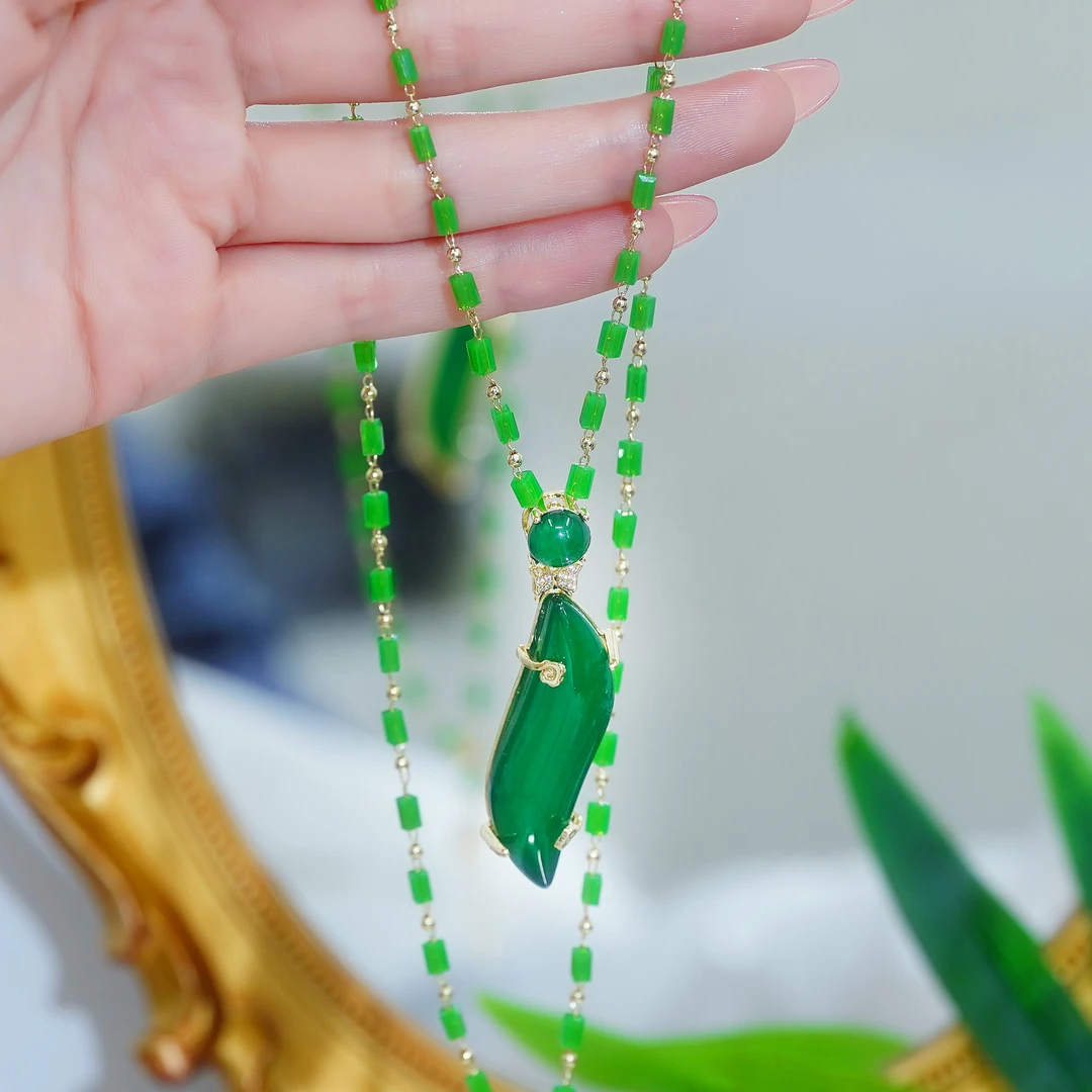 铜合金合成锆石项链 美人腰  绿色复古项链长款古风百搭时尚