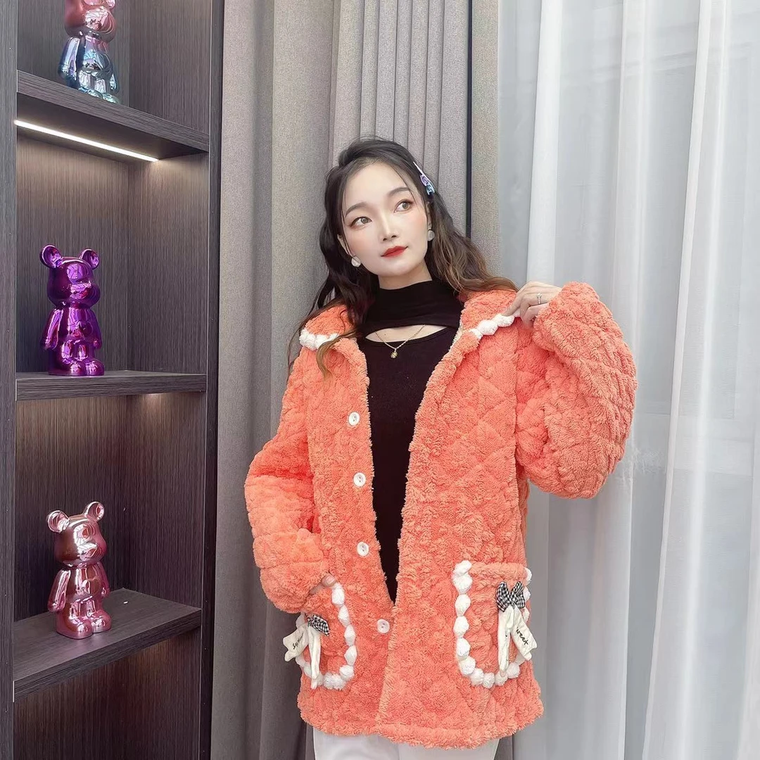 三层加棉新款领加绒加厚洋气保暖家居服短款外套美人豆蝴蝶结口袋