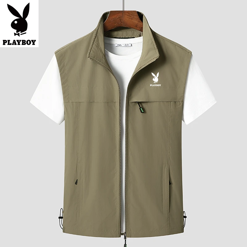PLAYBOY/花花公子男士马甲背心爸爸装立领坎肩户外夏季钓鱼服男装
