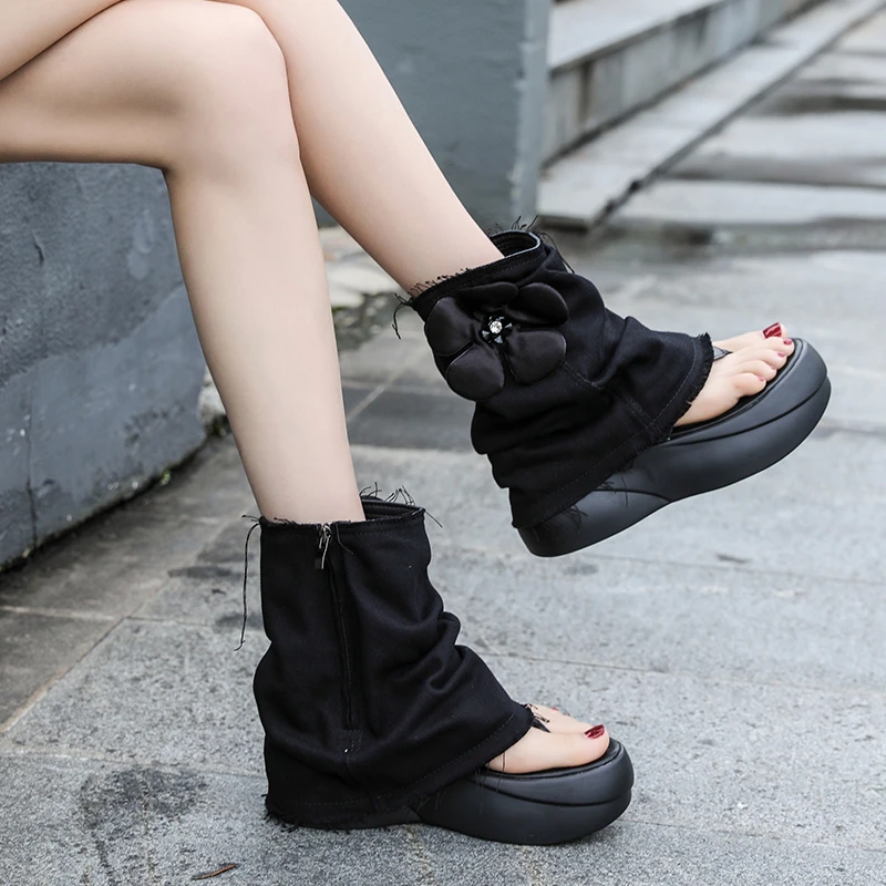 时尚新款凉鞋女款夏季网红辣妹靴子牛仔短靴烟管靴厚底高跟鱼嘴靴