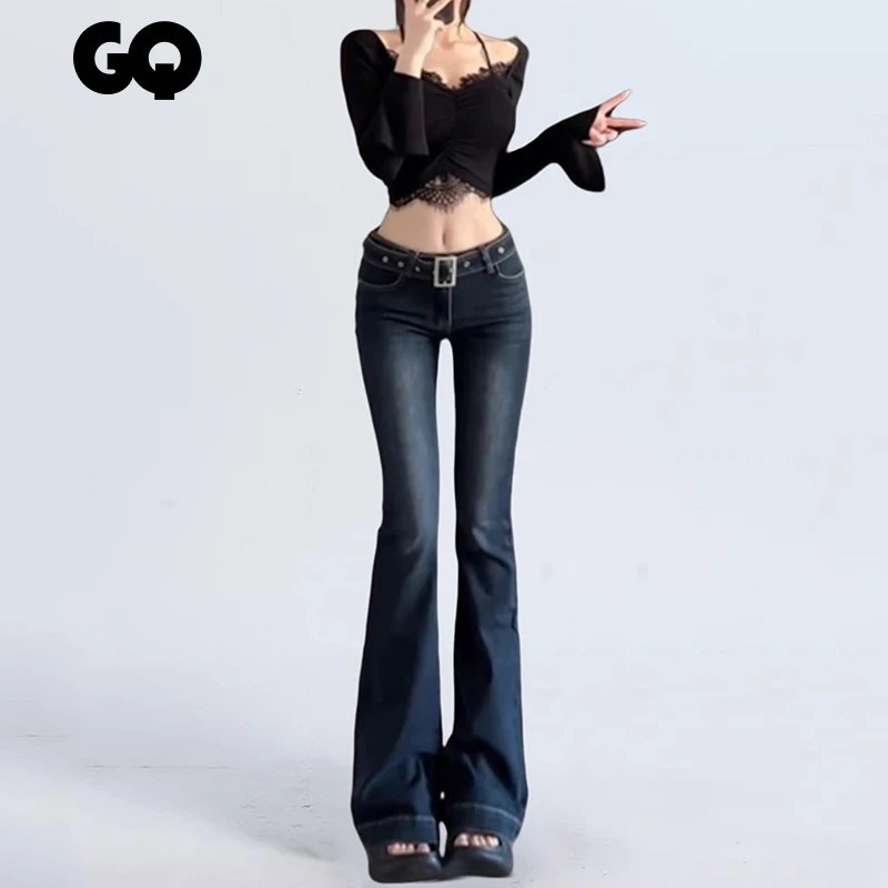 深蓝色低腰修身微喇叭牛仔裤女秋冬175高个子显瘦加长170拖地裤子