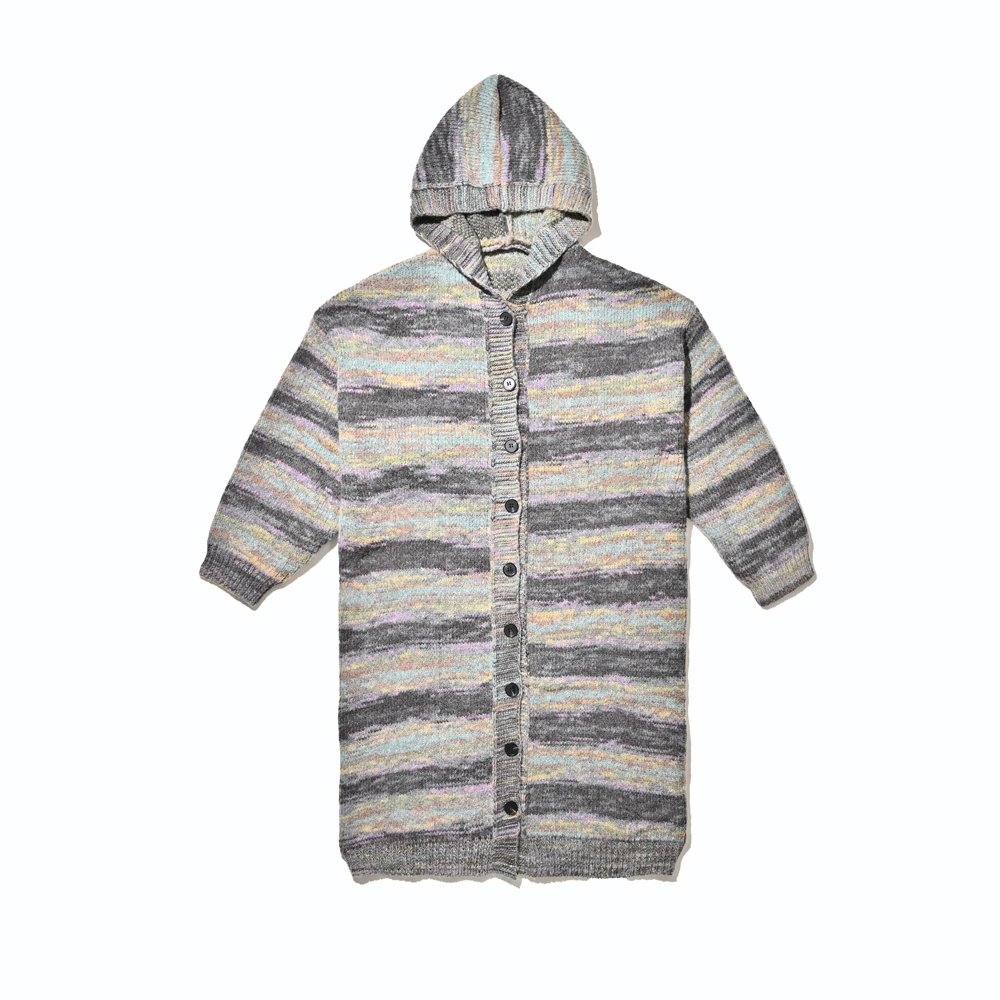 LUNAR NOSTALGIA宽松慵懒风长款针织秋冬时尚撞色条纹毛衣外套女