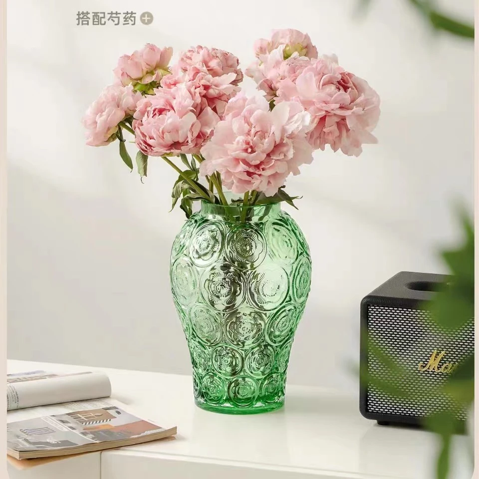 中国风简易花纹小绿罐花器花瓶摆件