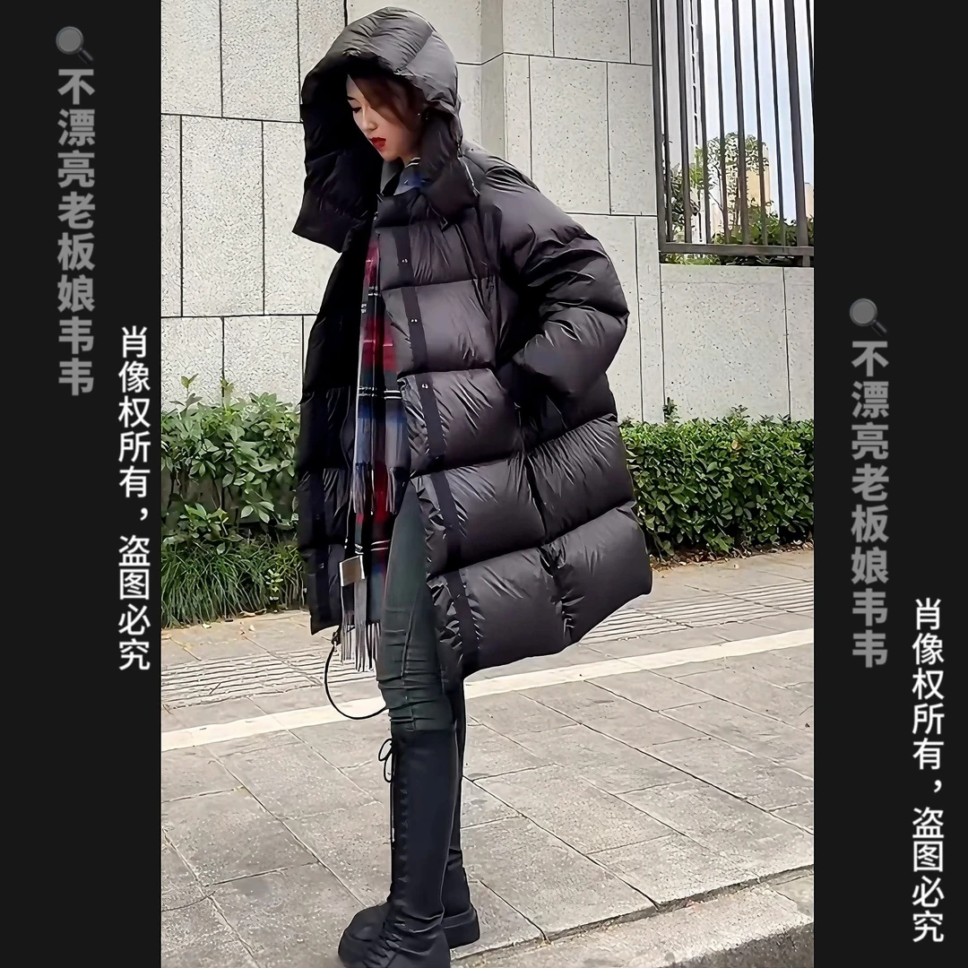 【冬日泡芙】鹅绒服女中长款新款加厚连帽过膝百搭宽松韩时尚外套冬