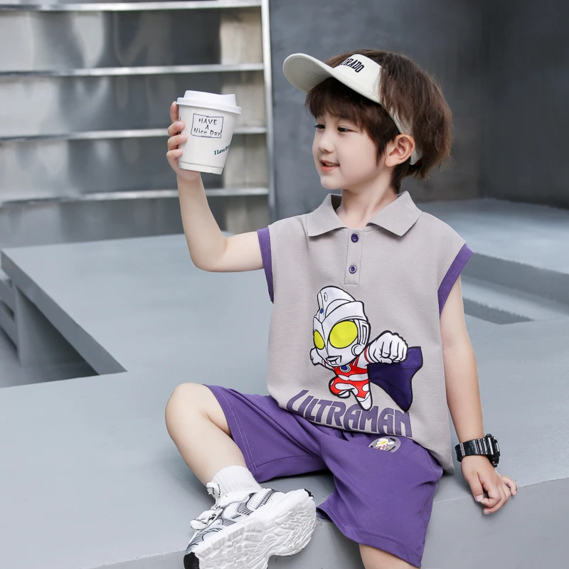 奥特曼男童套装夏季2024新款洋气儿童装背心痞帅男孩夏装无袖衣服