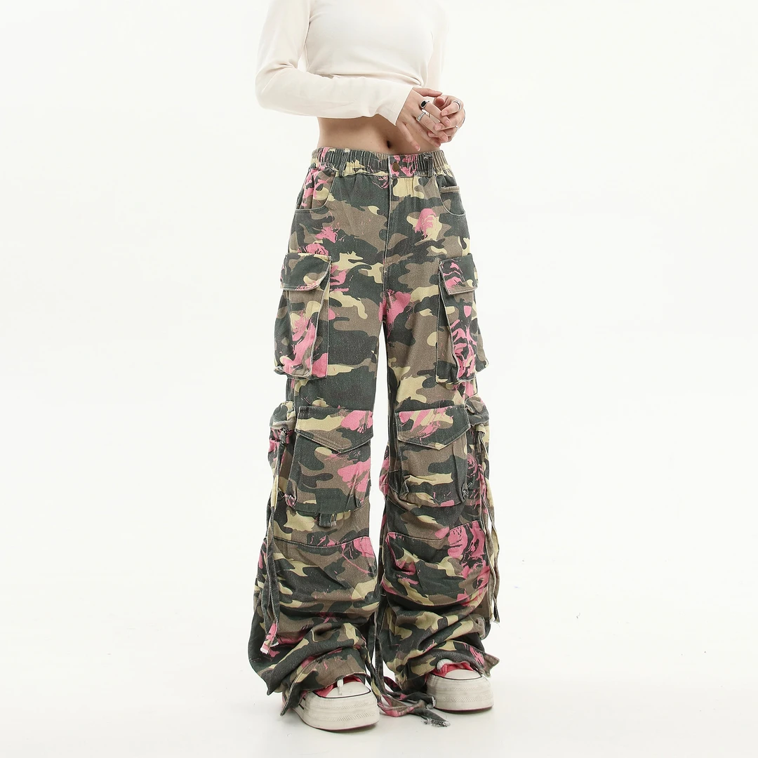 BLACKLISTS美式复古玫瑰印花多口袋迷彩工装裤男女宽松直筒牛仔裤